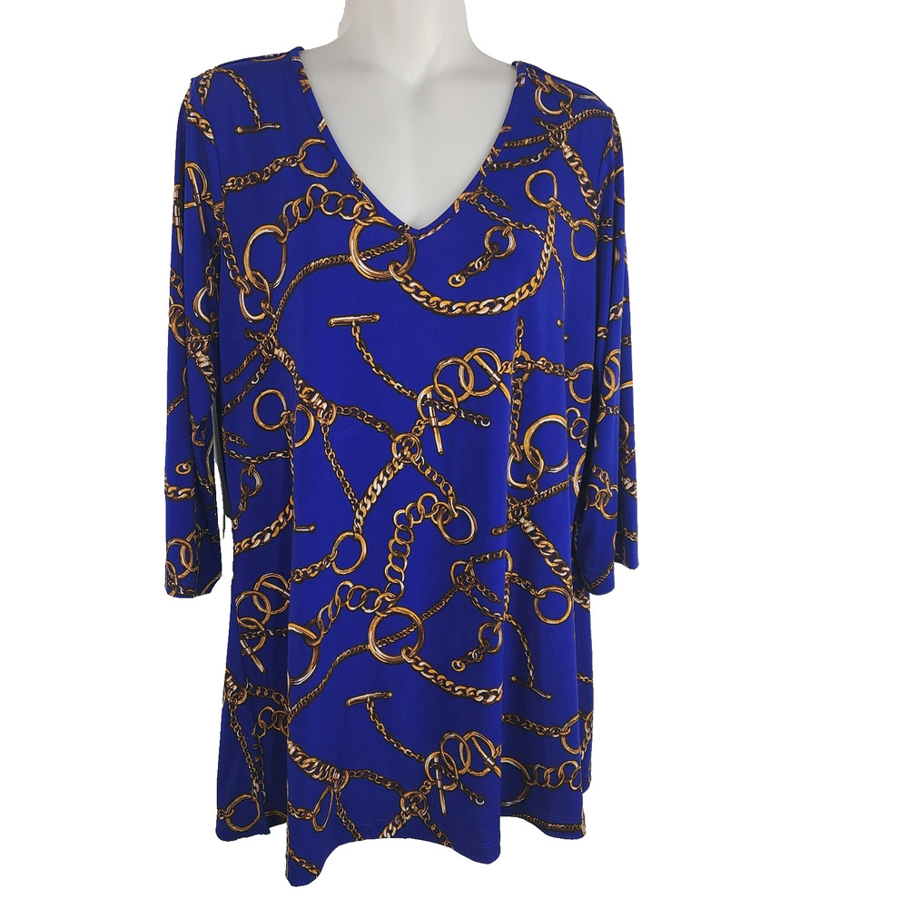 Susan Graver Liquid Knit Printed V-neck Top with 3/4 Sleeve Equestrian Chain M